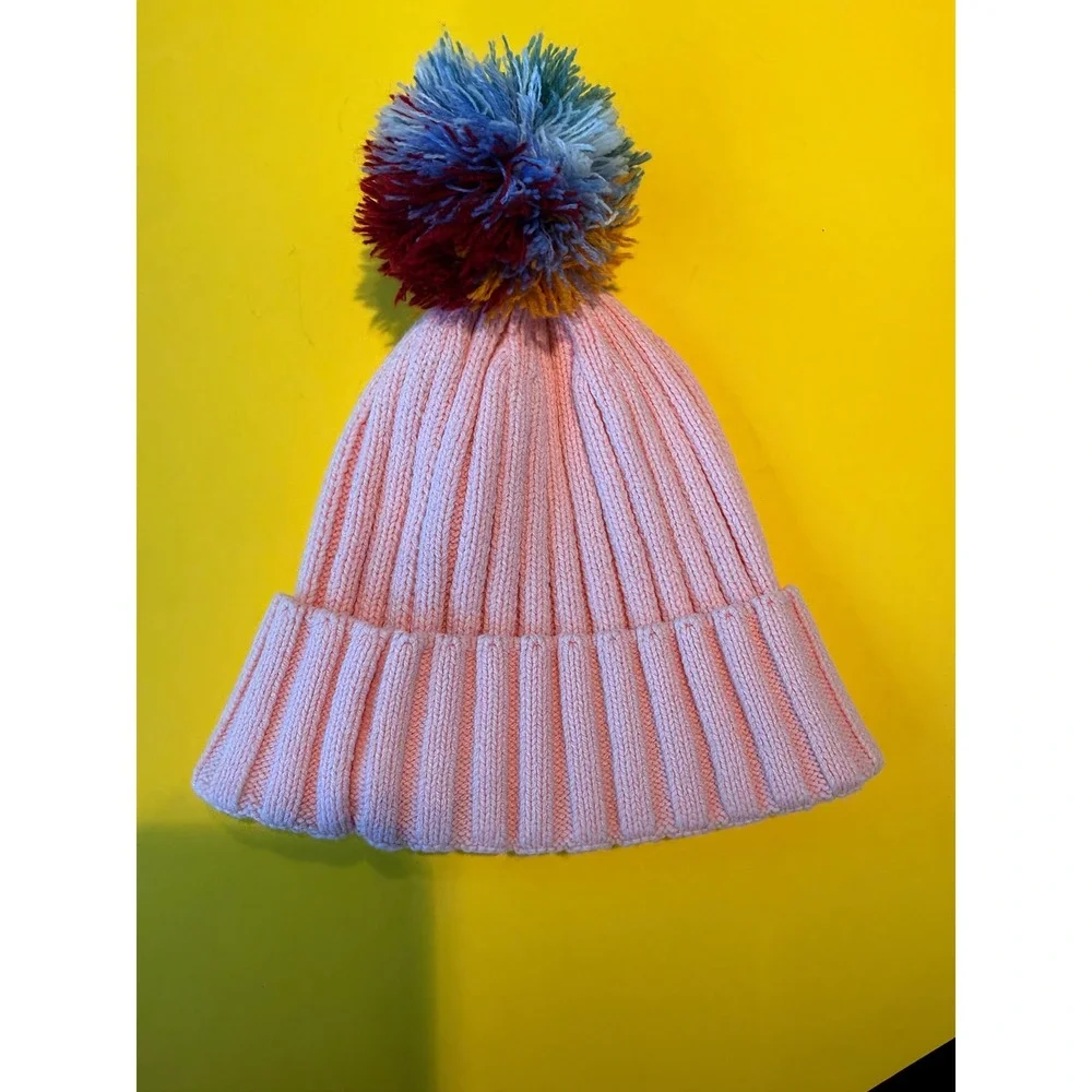NWOT Hanna Andersson Kids Pink Ribbed Knit Beanie Multi-Color Pom Pom Hat Small